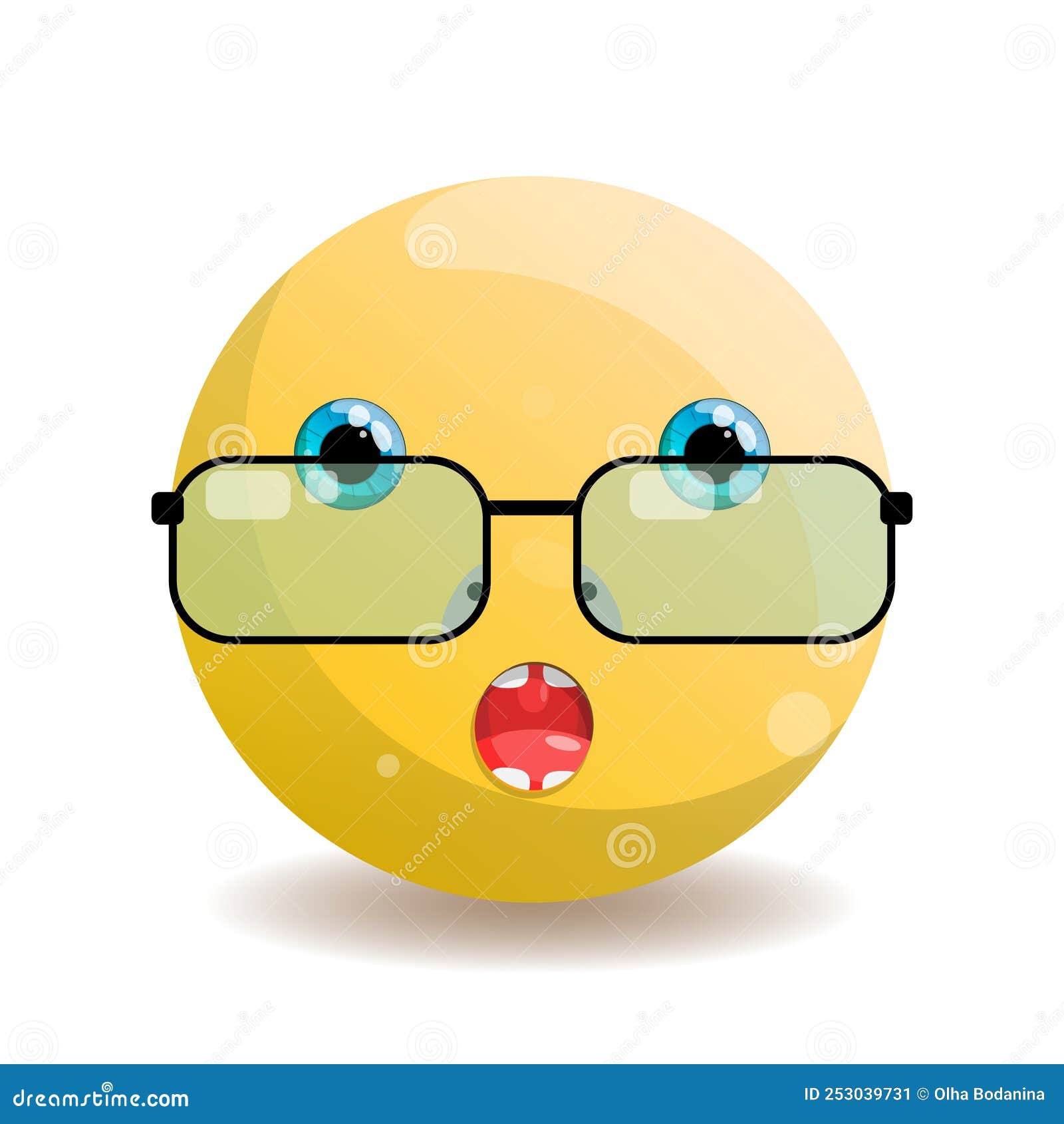 Emoji Round Smiley with Blue Eyes in Rectangular Glasses with Black