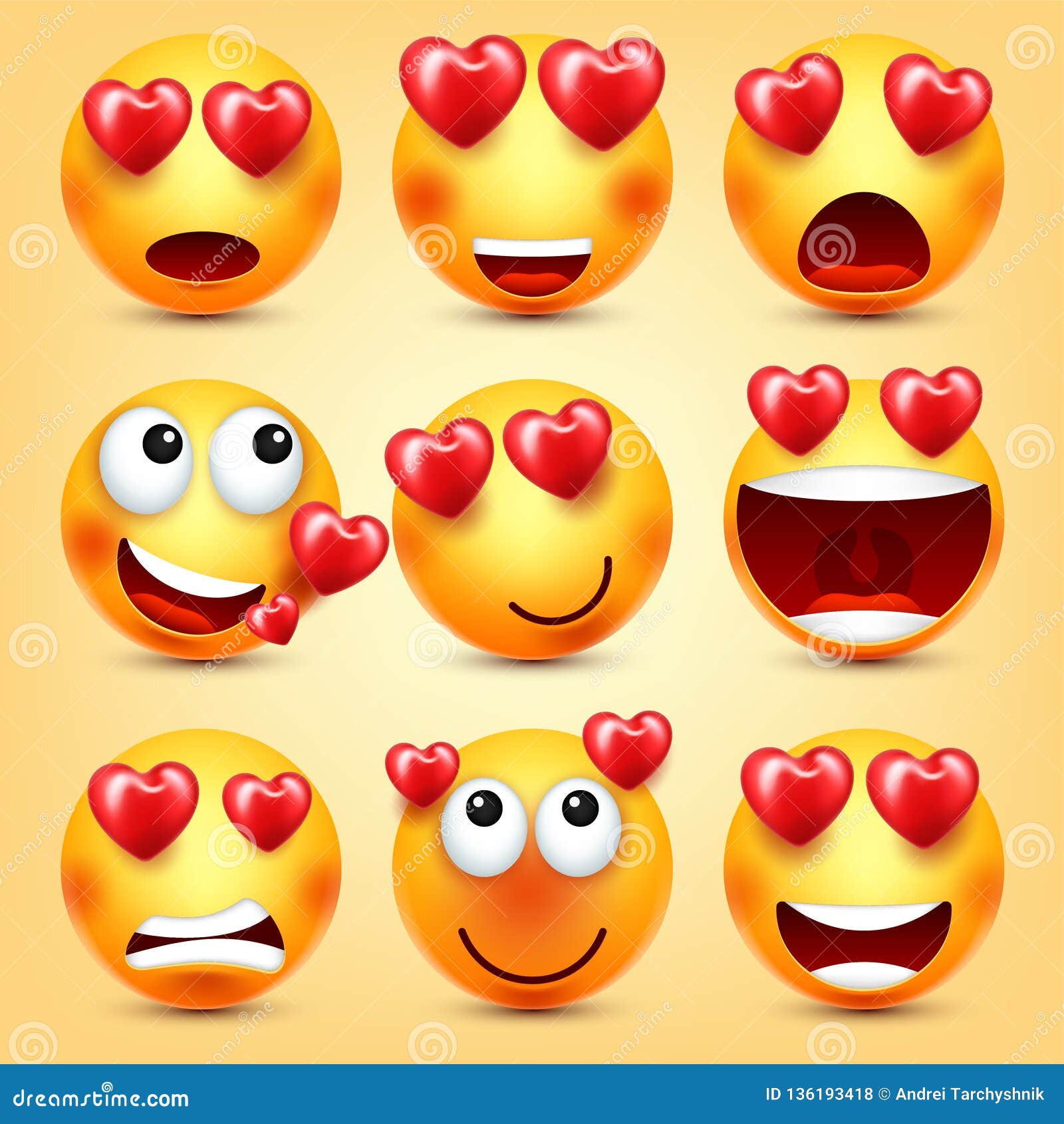 Emoji Smiley with Red Heart Vector Set. Valentines Day Yellow Cartoon  Emoticons Face. Love Feeling Expression. Stock Vector - Illustration of  expression, character: 136193418
