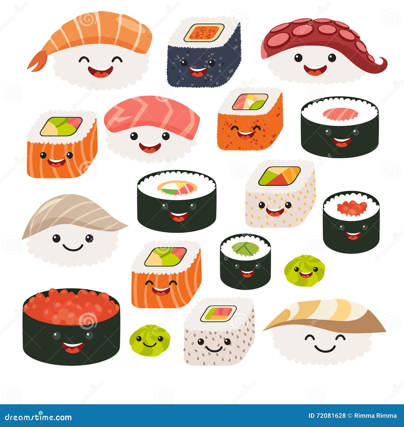 emoji sushi characters. cartoon japanese food.  set sushi cartoon characters.