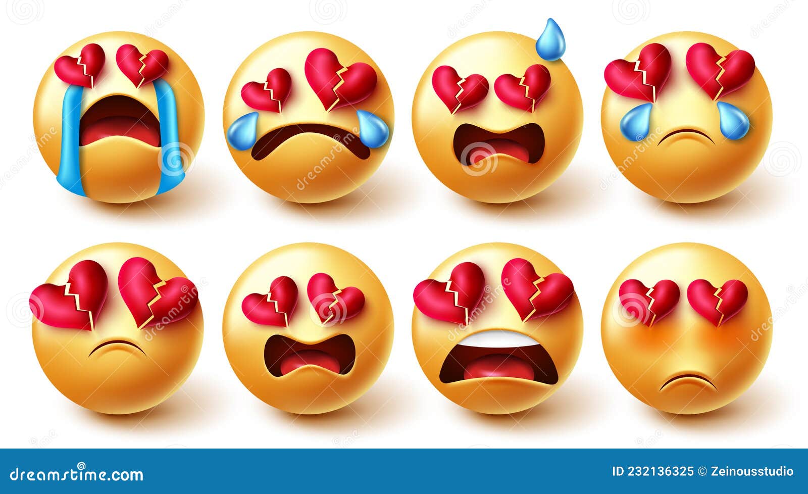 emojis broken hearted  set. smiley characters in sad, crying and broken hearts yellow faces reaction and expressions.