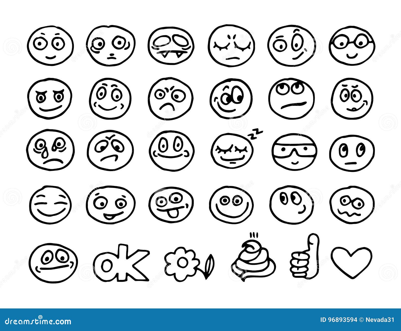 Emoticon doodles set stock illustration. Illustration of hand 96893594