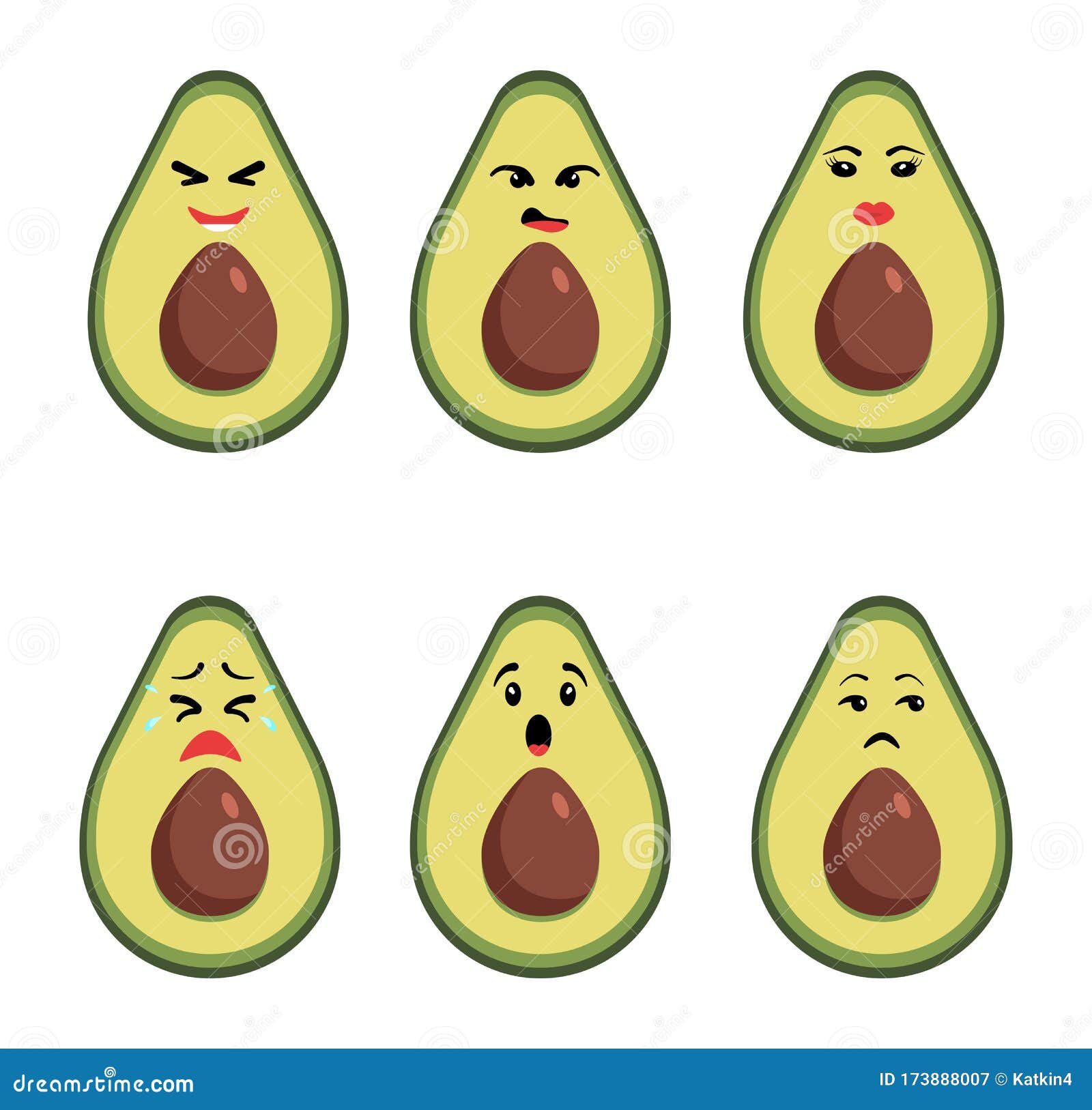 Emoticon Set Of Halves Of Avocado. Isolated Vector Illustration Stock