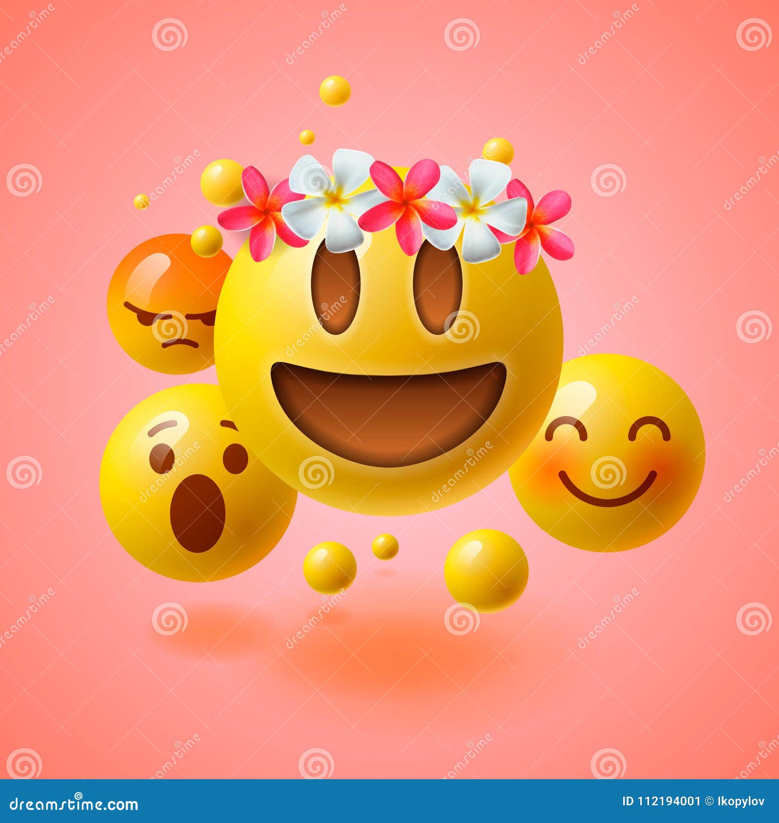 Emoticons Mit Blume Auf Kopf, Sommerkonzept, Emoji Mit Kranz Blüht