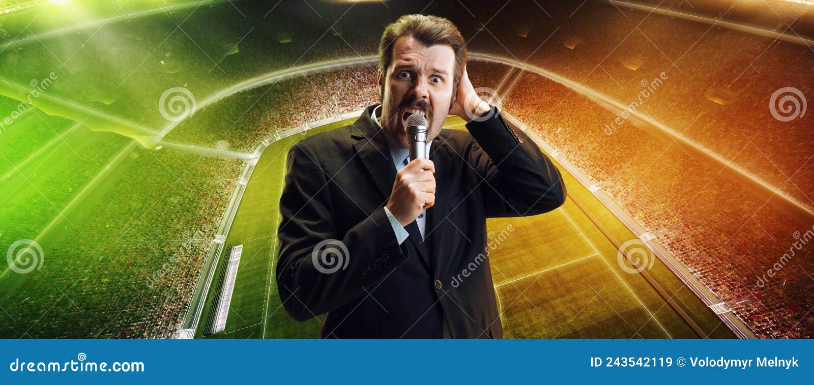 Emotive Man, Professional Sport Commentator Having Online TV Stream, Broadcasting Football Match Isolated Over Stadium Stock Image
