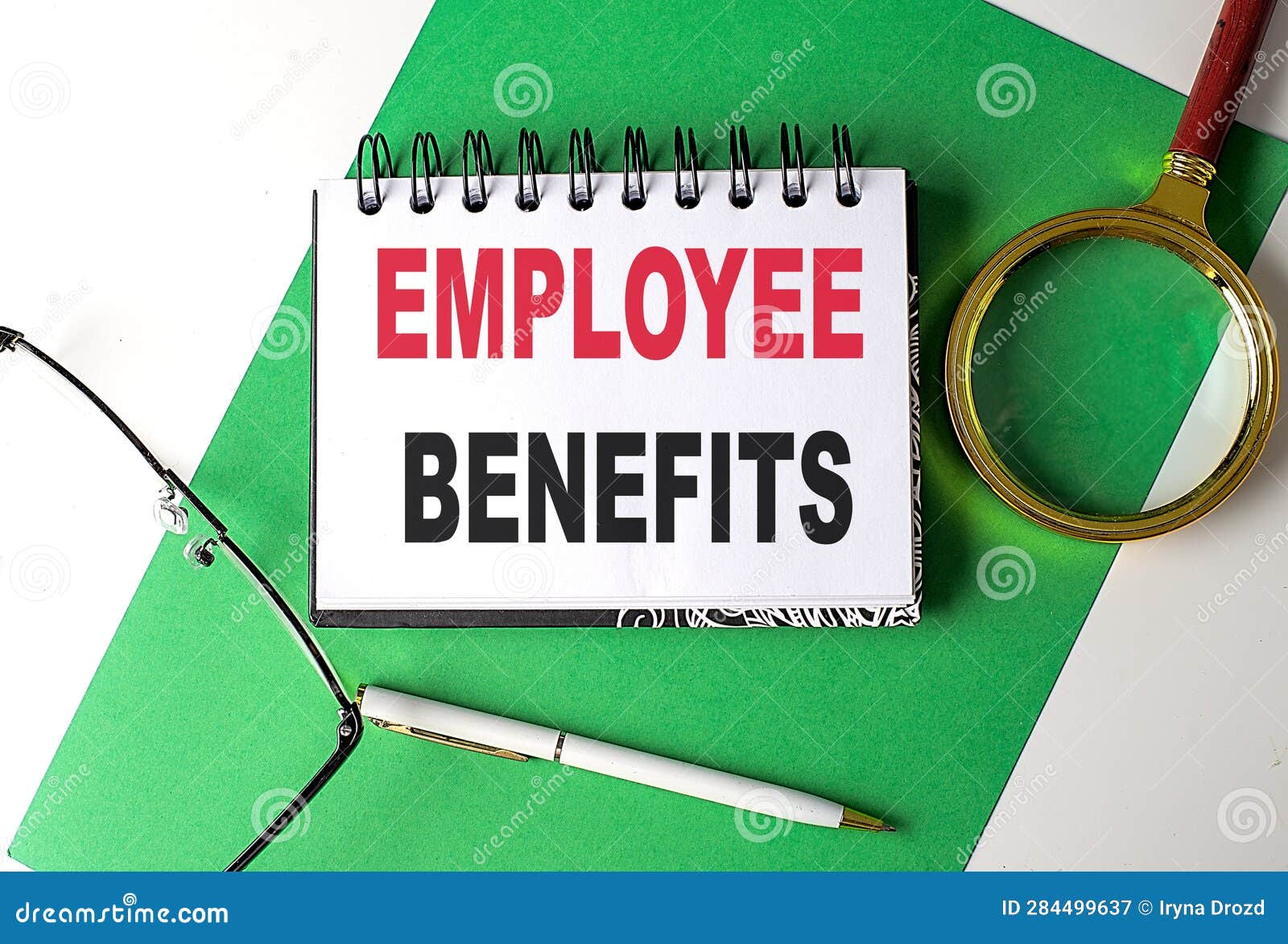 EMPLOYEE BENEFITS Text on Notebook on Green Paper Stock Image Image