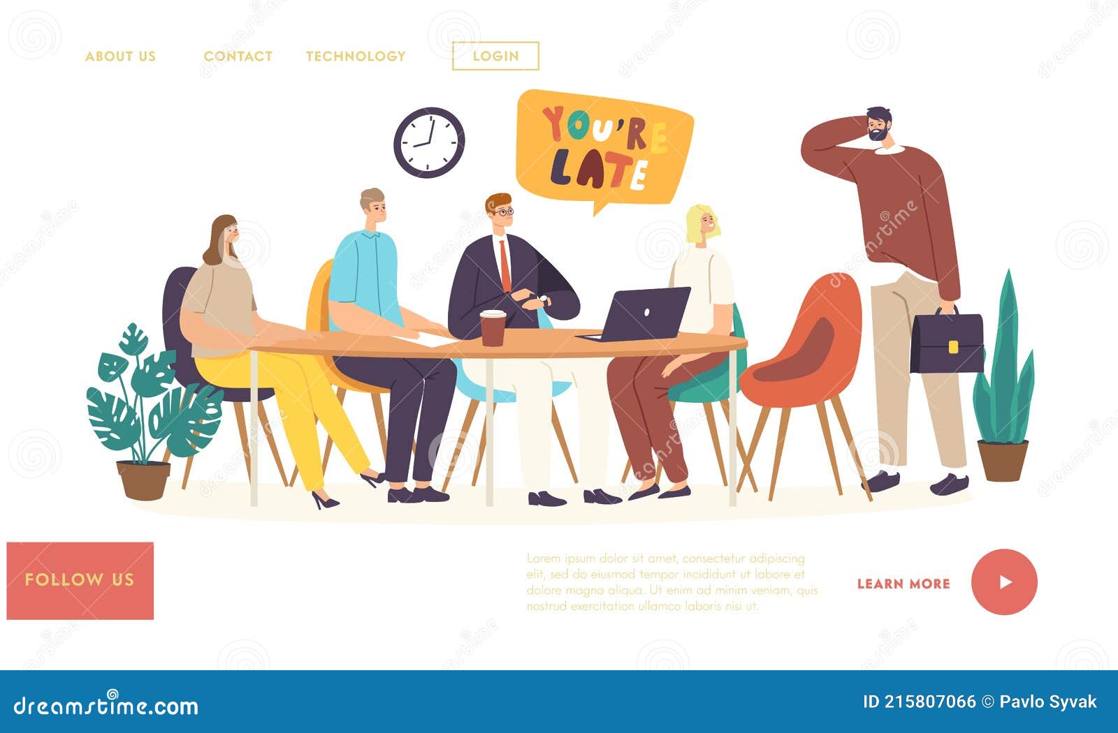 employee late at work landing page template. company director scolding unpunctual manager character for being too late