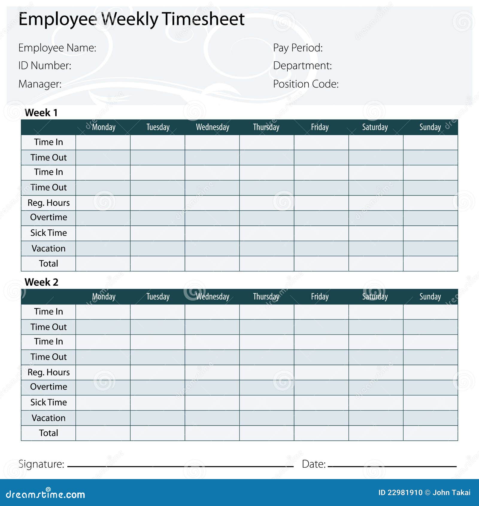 Employee Timesheet Template Stock Vector - Illustration of name