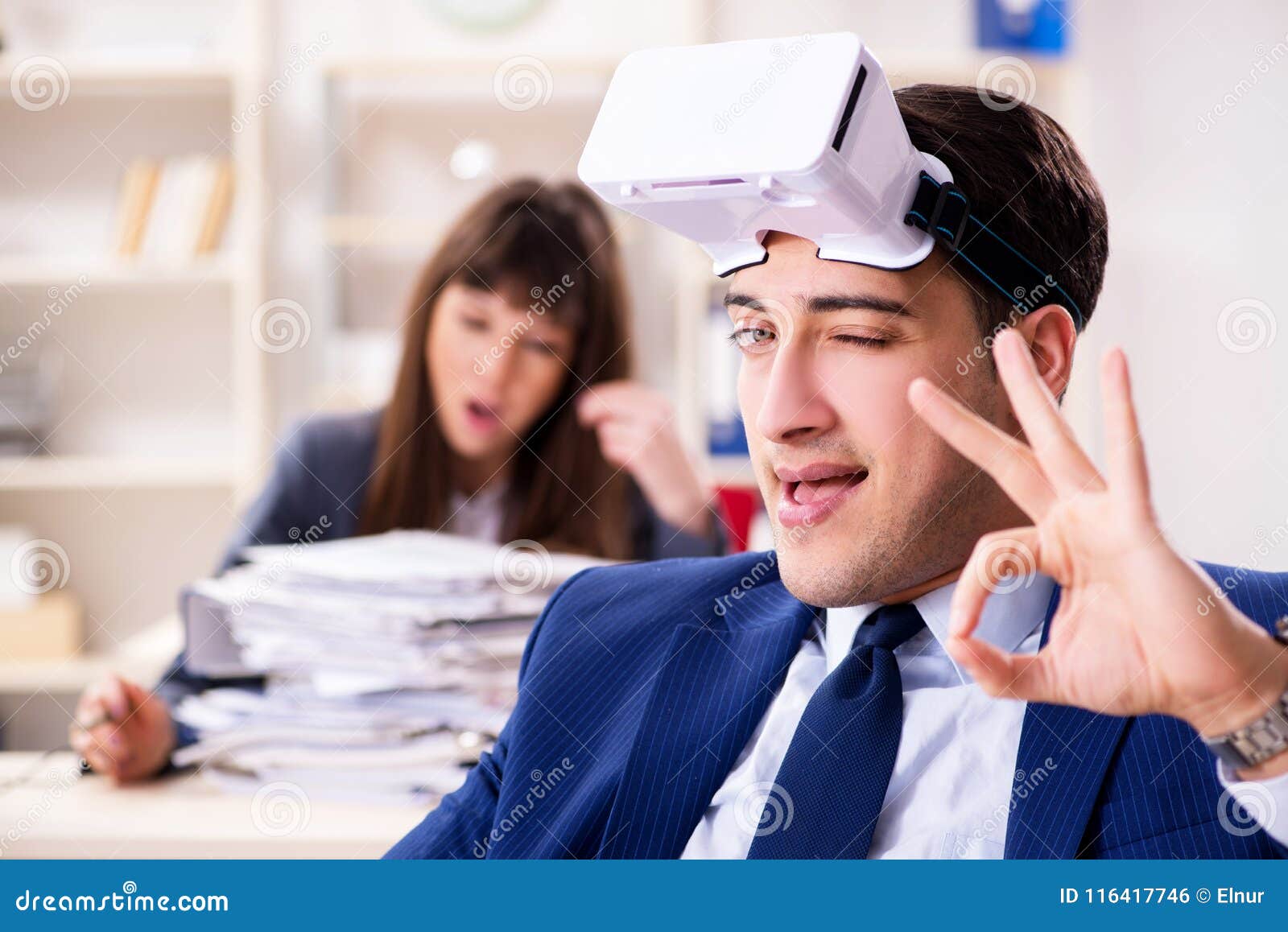 The Employee with Virtual Reality Glasses in Office Stock Photo Image