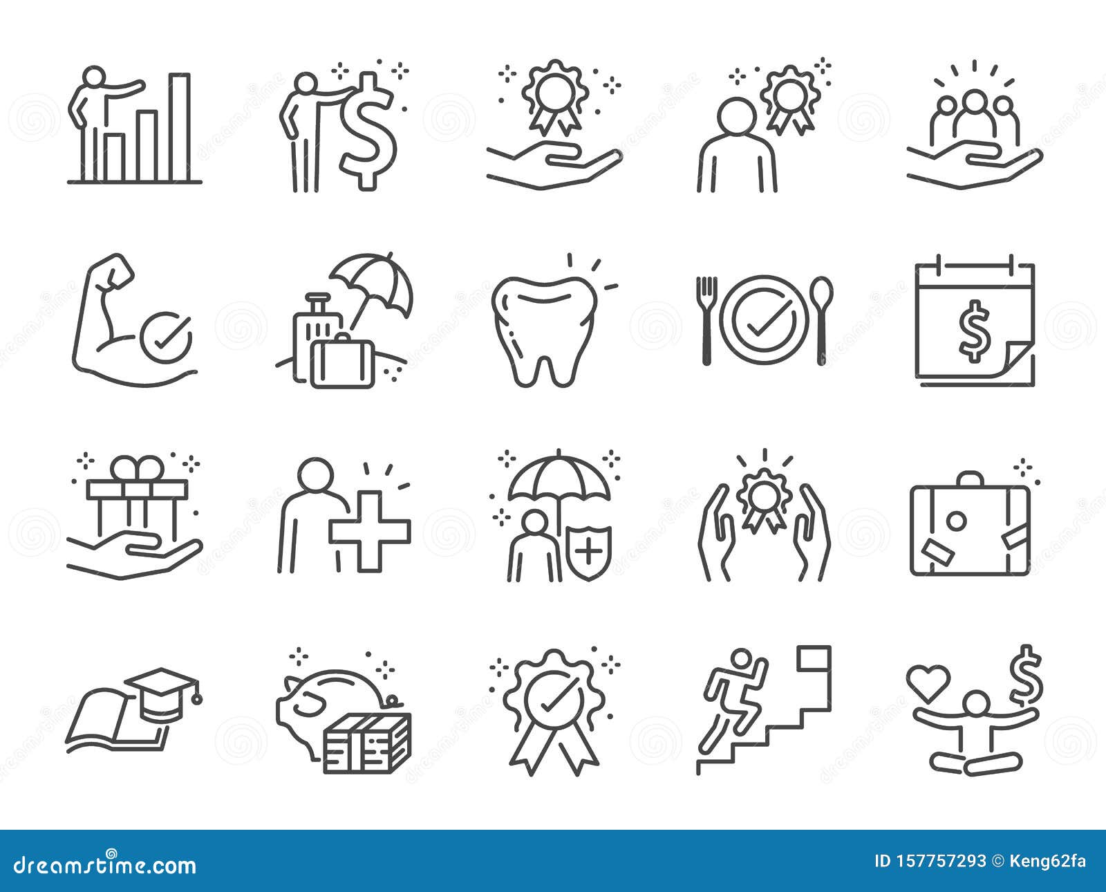 employees benefits line icon set. included icons as teamwork, people relationship, growth chart, staff perks, insurance and more.