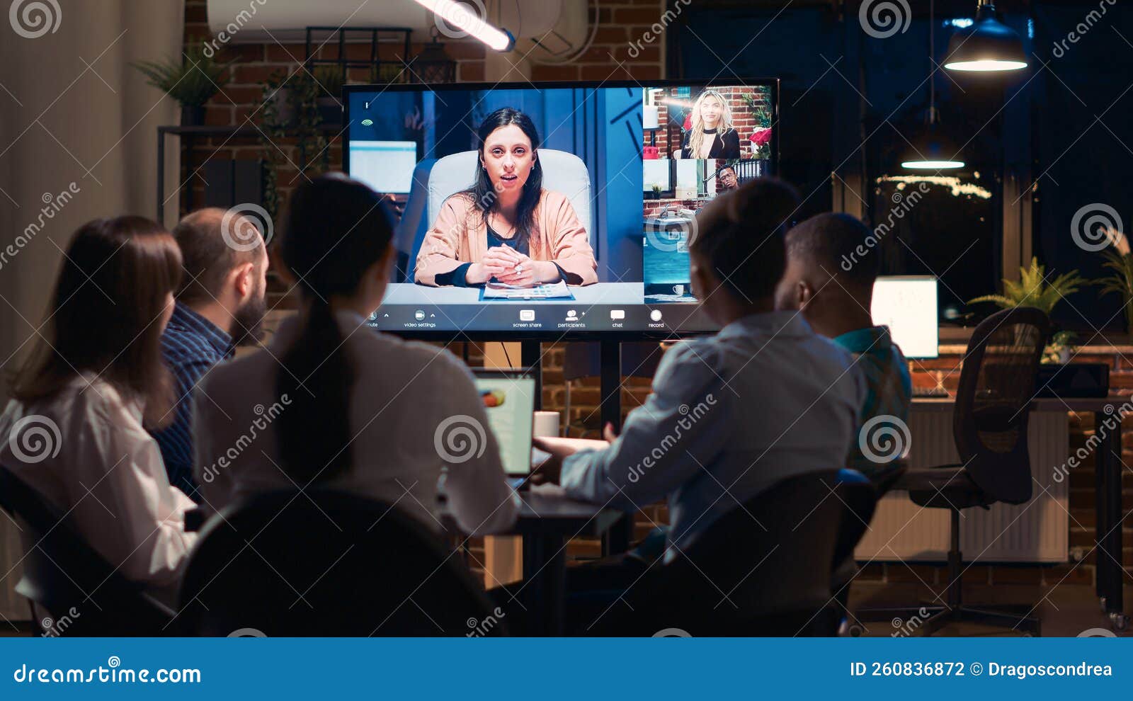 Employees Team and Remote Coworkers Cooperation in Videoconference