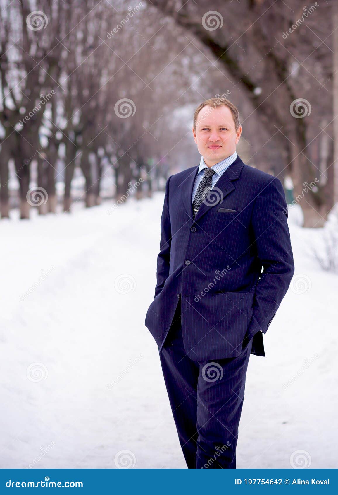 Empresario De Traje Azul Estricto Carretera En Invierno. Ropa Elegante Para Hombres. Concepto De Negocio. Invierno Y Frío Foto de archivo - Imagen de confidente: 197754642