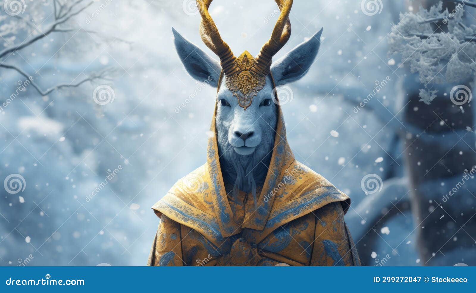 empress deer: a hyper-detailed rendering of a majestic snow scene