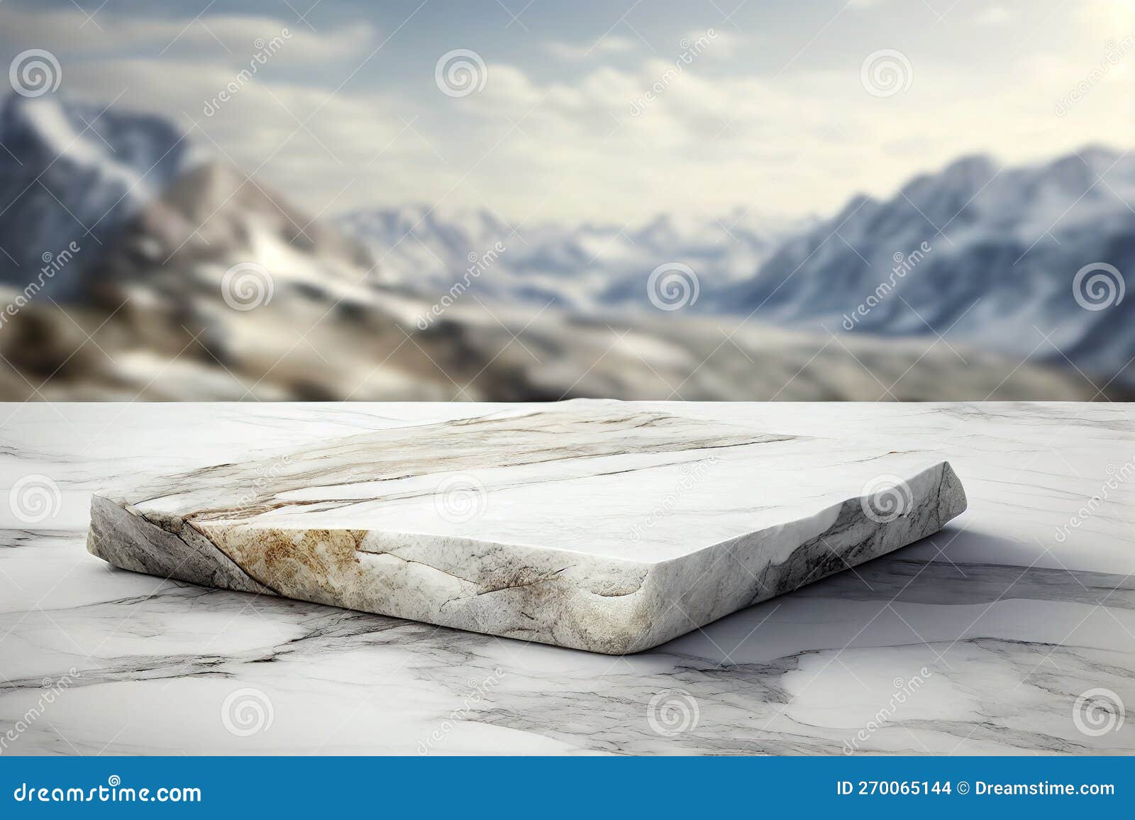 empry marble stone stage with mountains on background