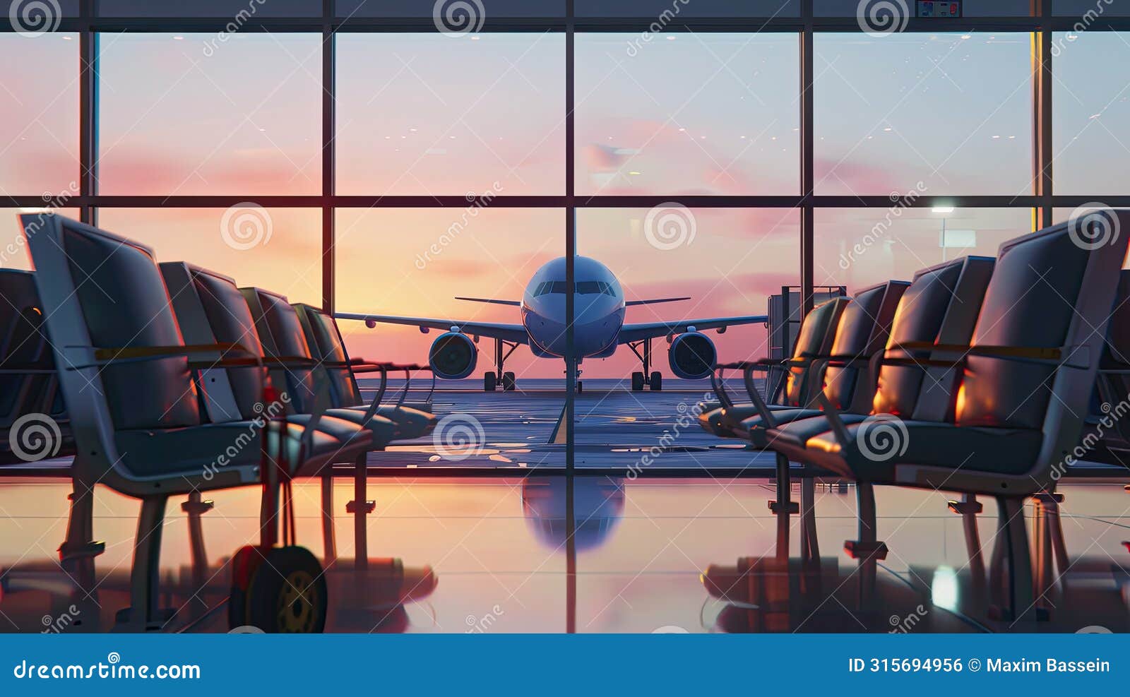 emptiness embodied airport terminal lounge awaiting arrival, airplane on background