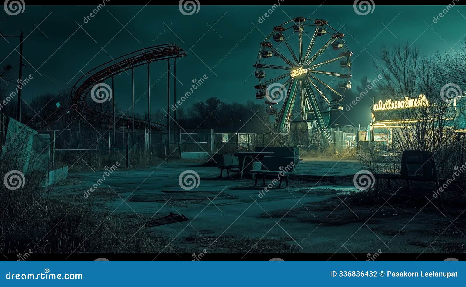 an empty, abandoned theme park at night, creaking rides and brok