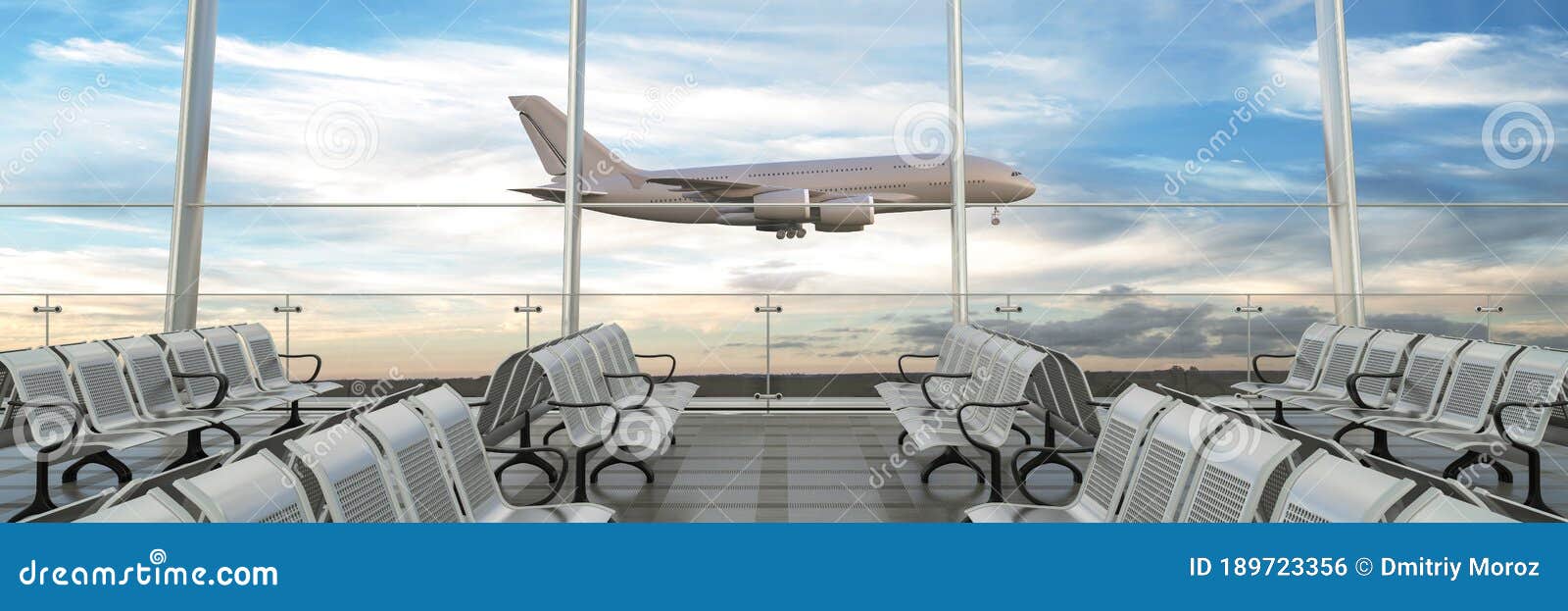 Empty Airport Terminal Lounge with Airplane on Background Stock  Illustration - Illustration of arrival, journey: 189723356
