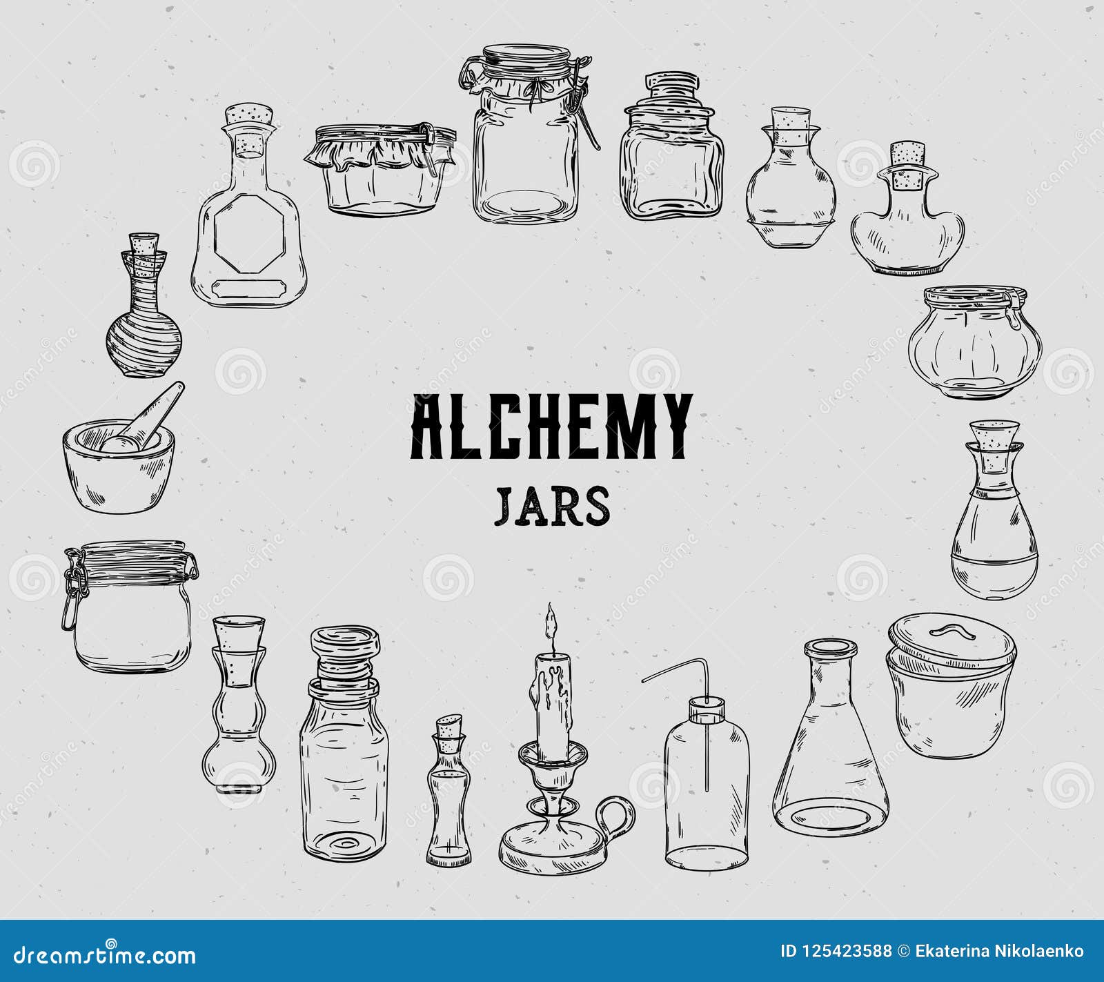 empty alchemy jars for potions collection. magic bottles for halloween decoration.