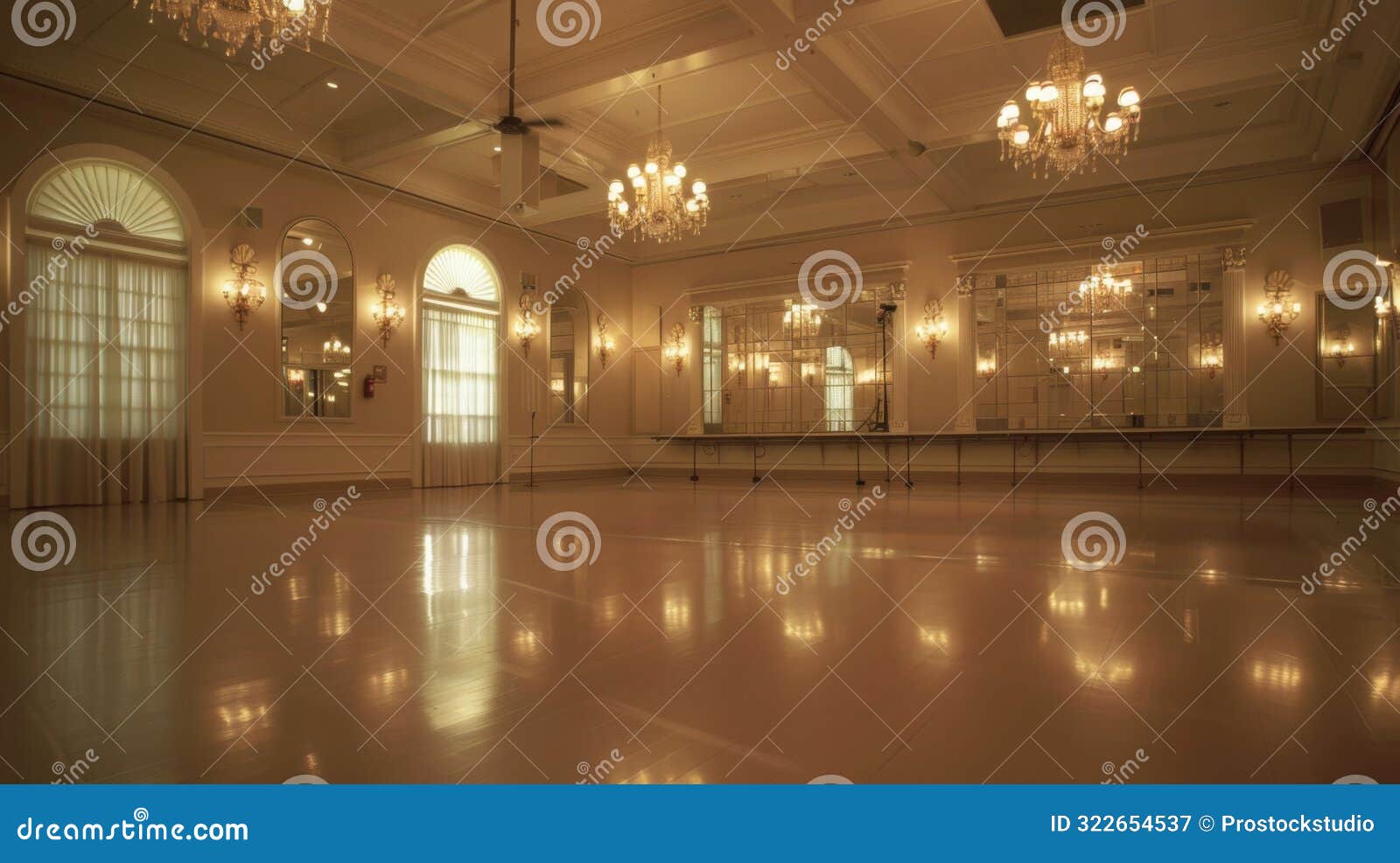 empty ballroom with large windows and chandeliers