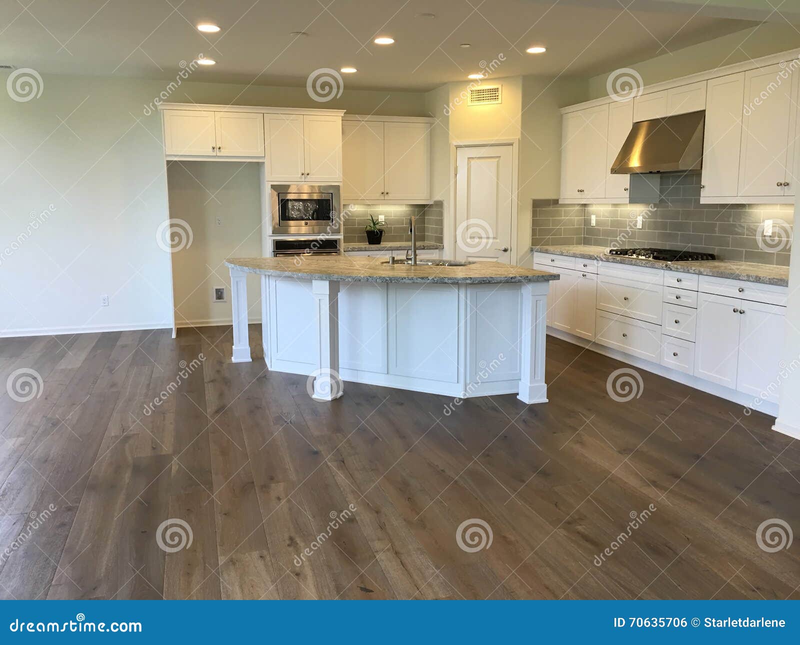 empty beautiful modern white kitchen with wood floors