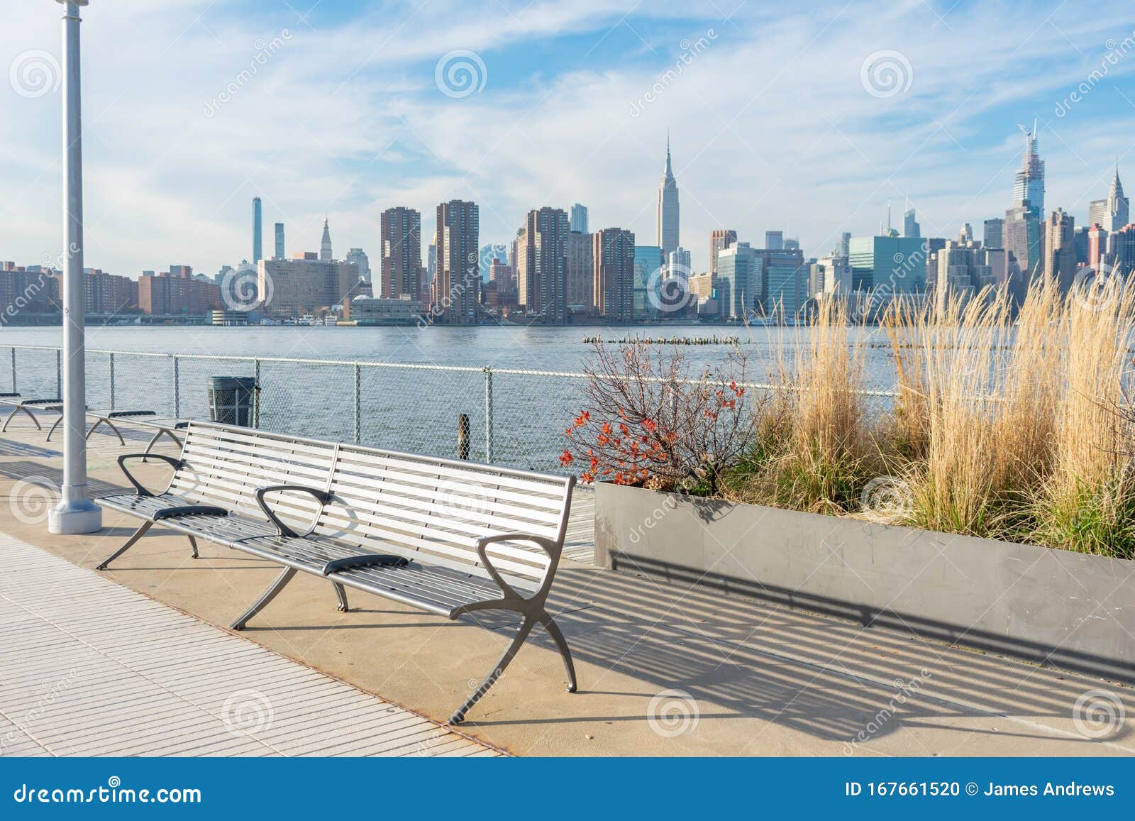 empty bench with plants at a park in greenpoint brooklyn new york looking out towards the east river and the manhattan skyline