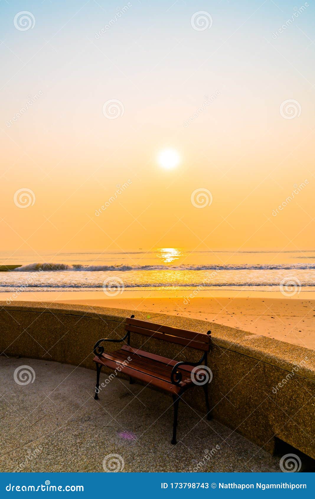 Empty Bench with Sea Beach Background Stock Image - Image of calm