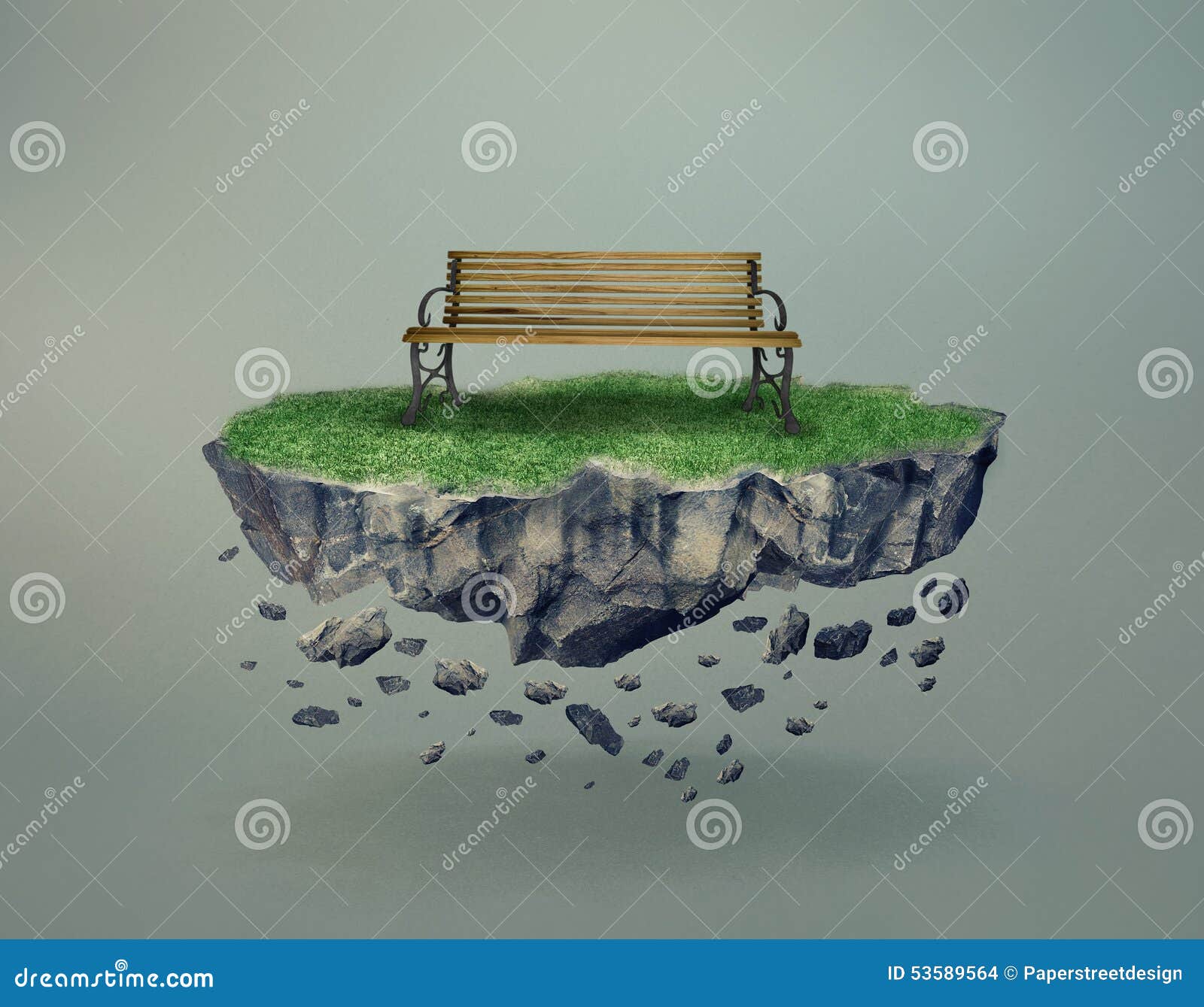 empty bench on a stony island floating in midair