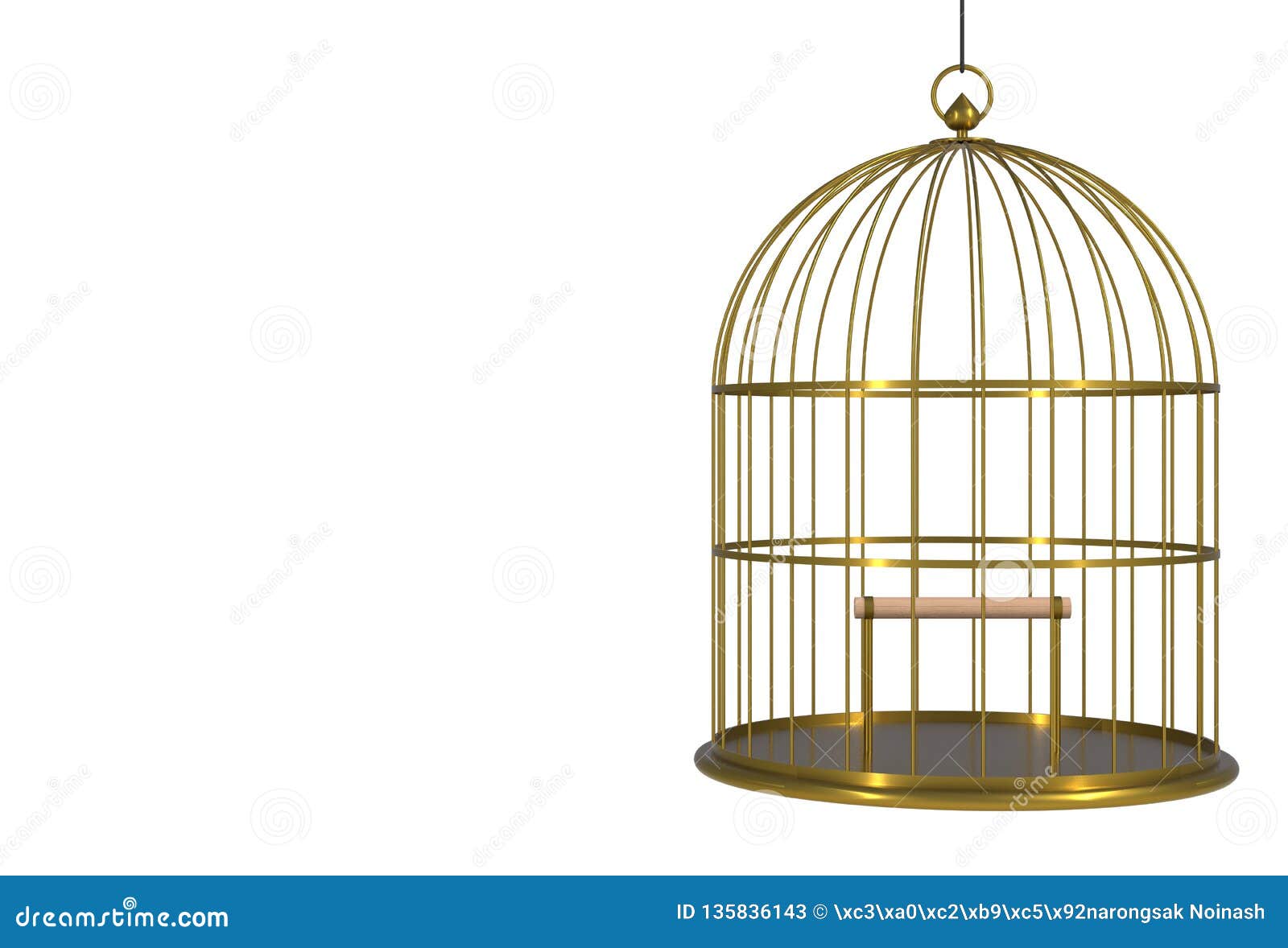 Empty Bird Golden Cage Isolated on White Background Stock Illustration