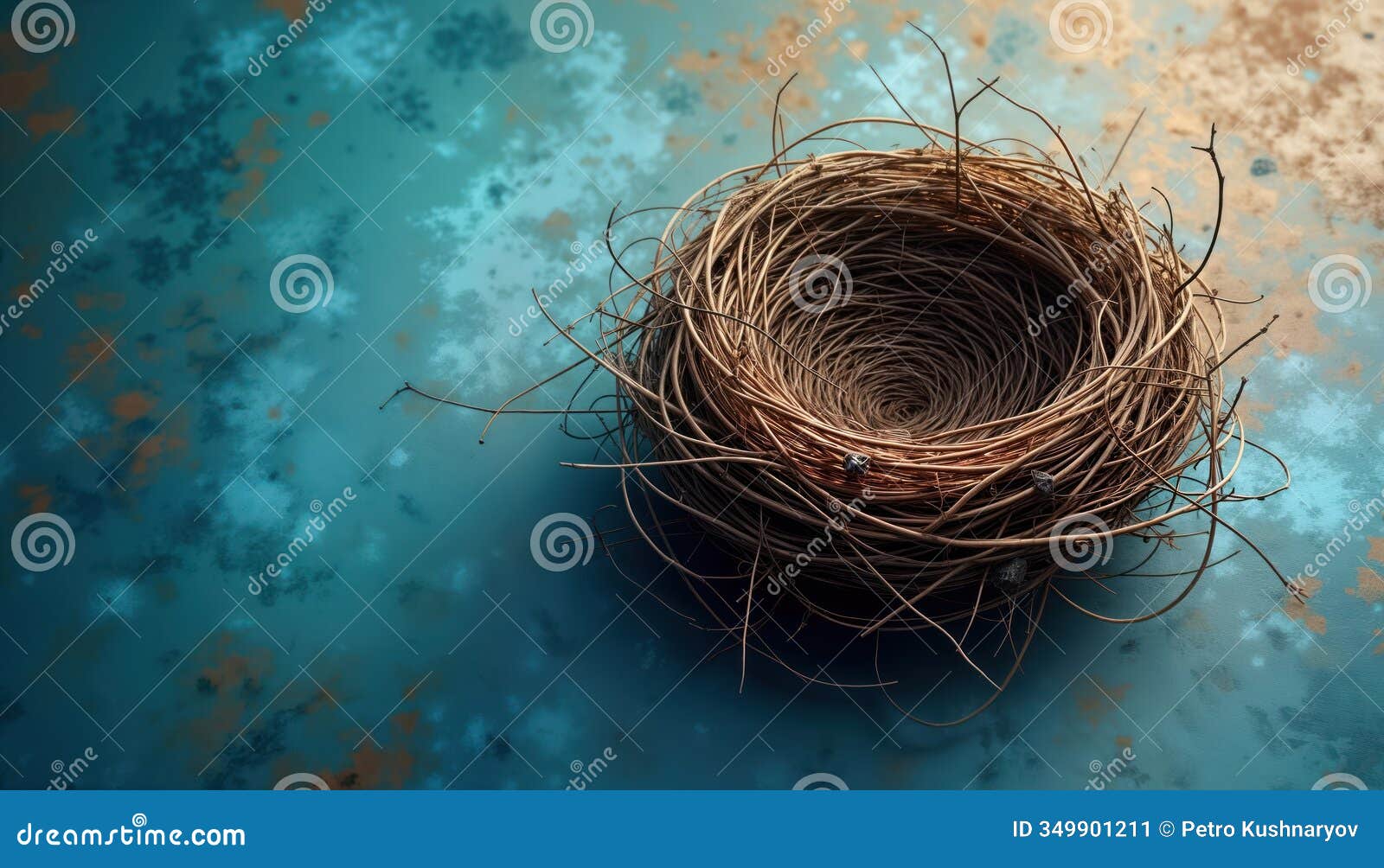 empty bird nest rests on textured surface. natural twigs create nest. rustic, nature-inspired imagery. suitable for nature theme