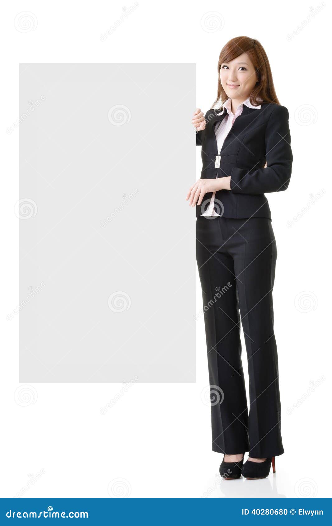 Asian business woman hold empty blank board, full length portrait isolated on white background.