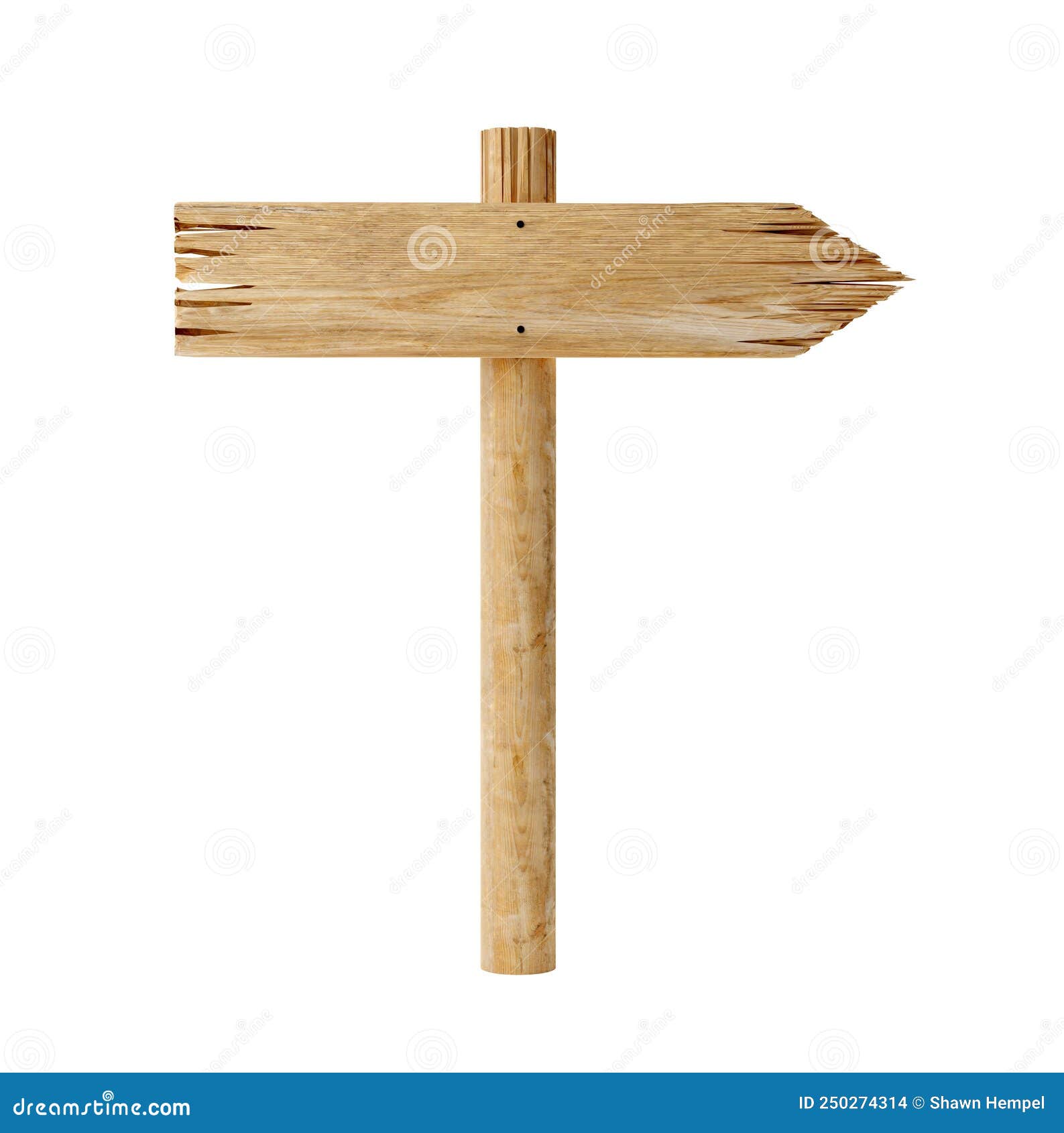 empty, blank wooden arrow dircetion sign on wood post with room for text, wooden board sign template  on white background