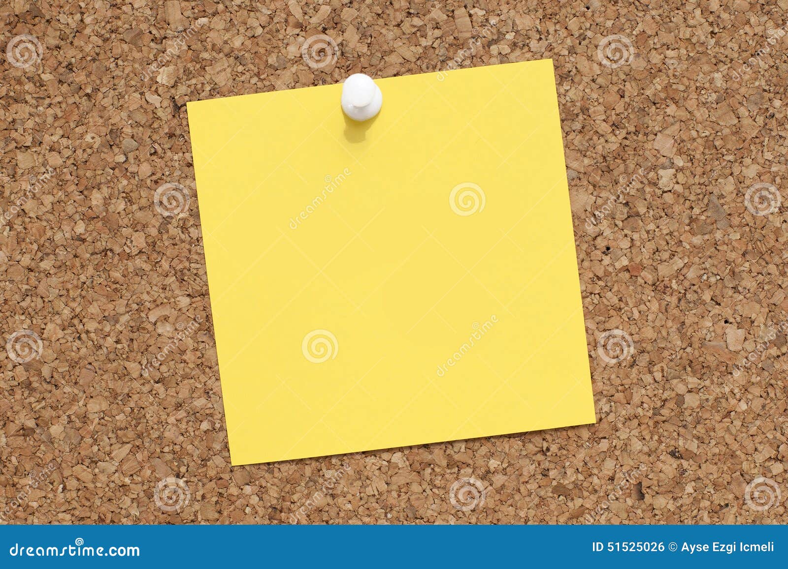 Empty Blank Yellow Adhesive Note Paper on Bulletin Board Stock Photo
