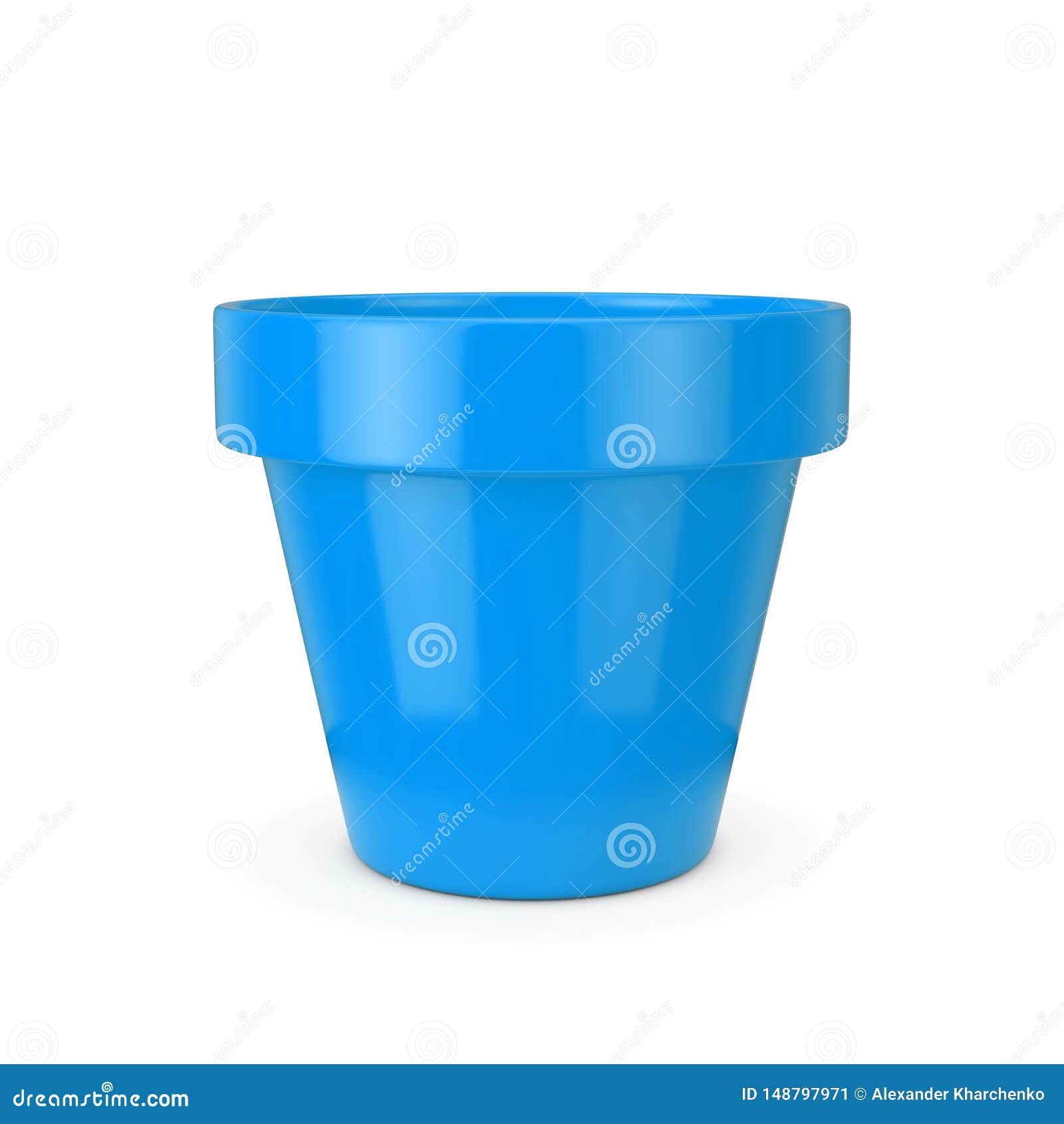 Empty Blue Unpainted Plastic Flower Pot. 3d Rendering Stock
