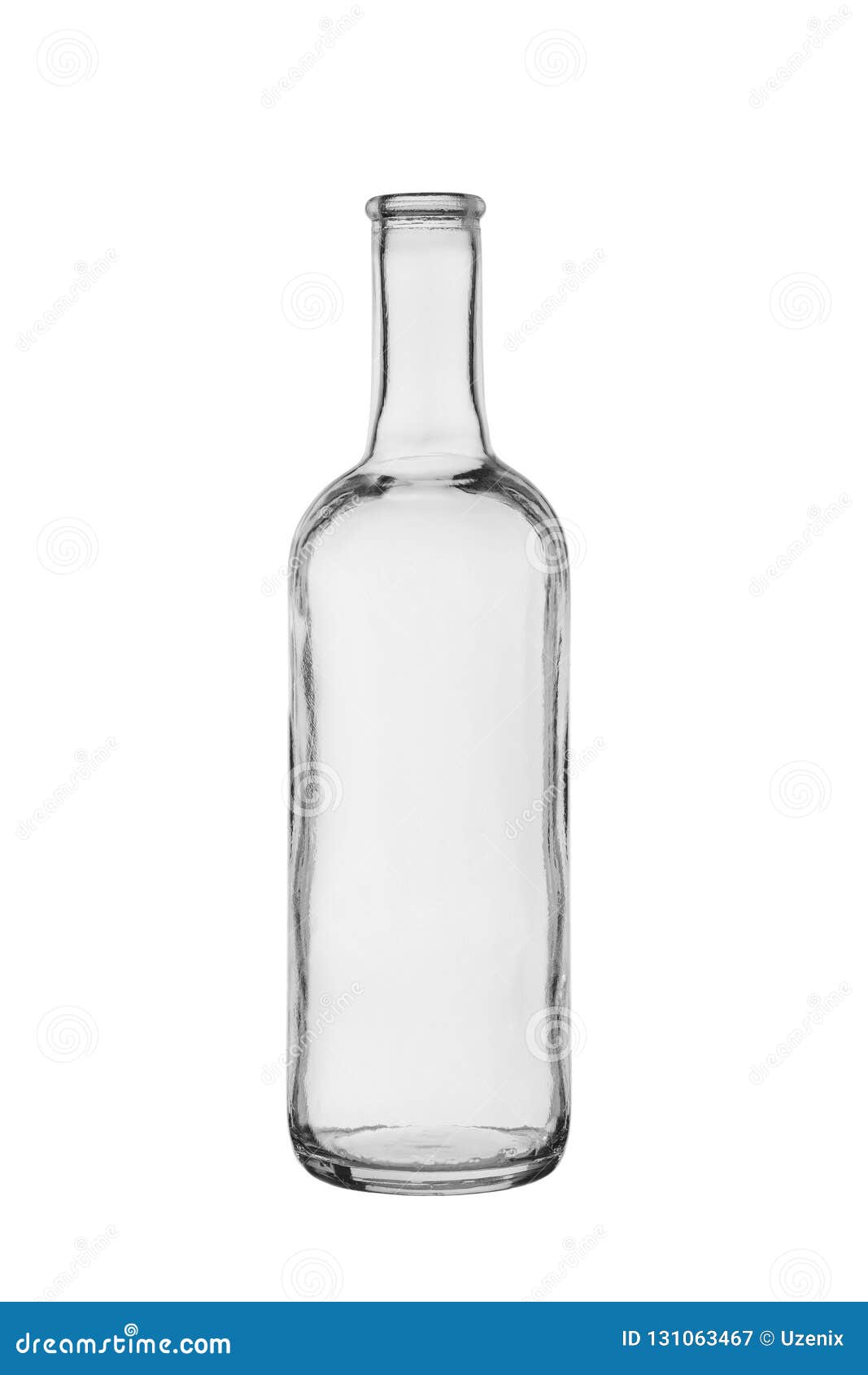 empty bottle with a narrow neck from transparent, colourless glass on a white background