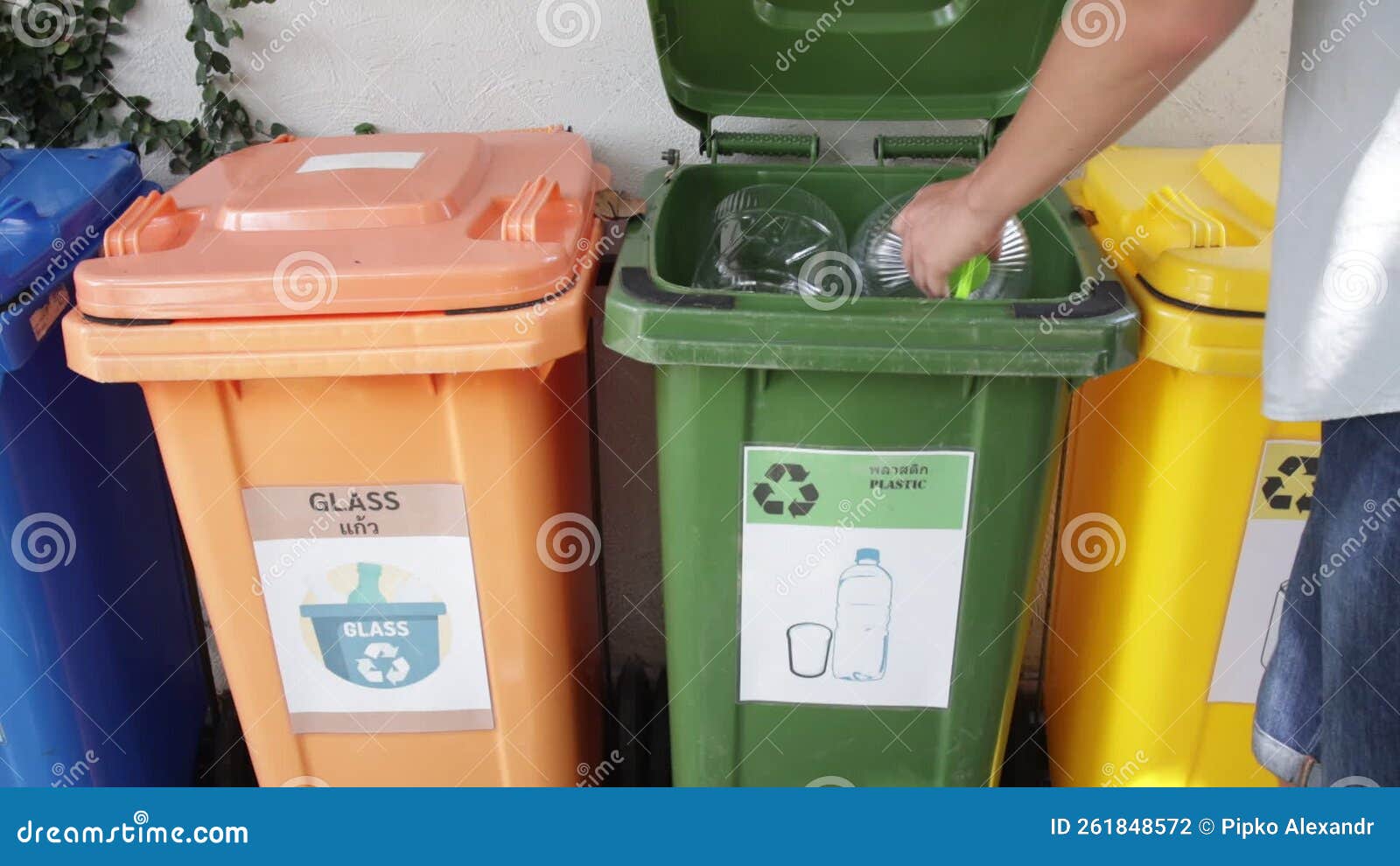 Empty Bottle. Plastic Garbage Bin Trash Container. Hand Bottle into