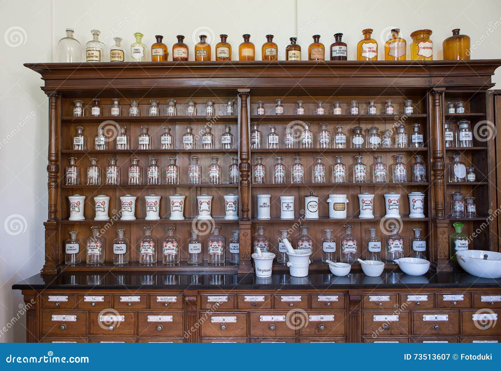 empty bottles in old vintage pharmacy