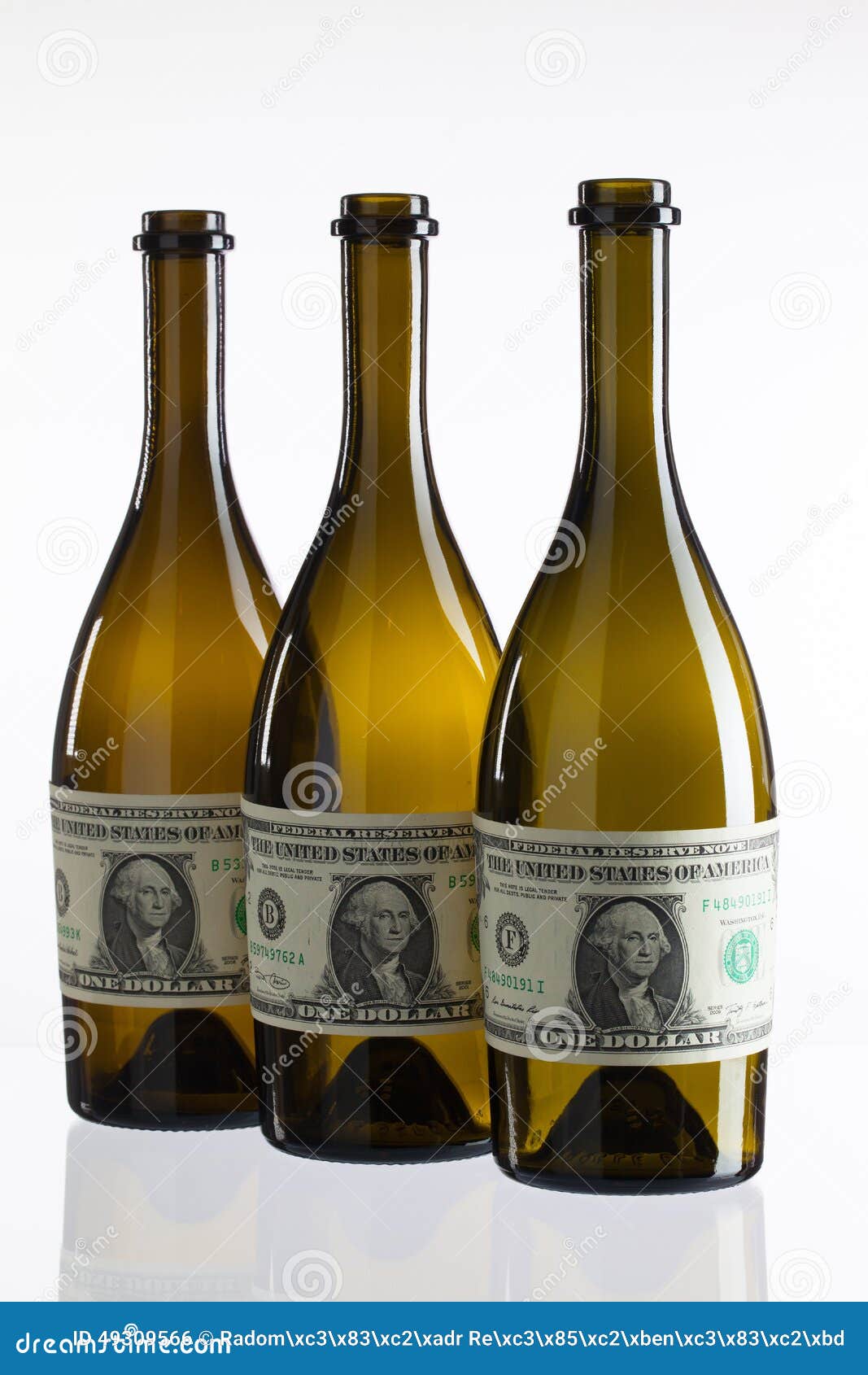 Empty Bottles of Wine from the Label of Dollar Bill Stock Photo Image