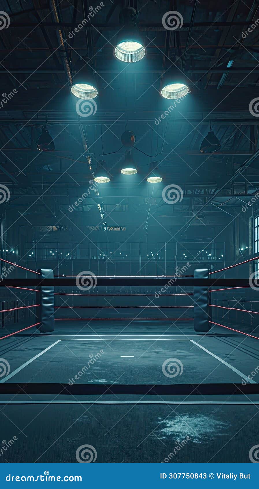 empty boxing ring with ceiling lights. generative ai.