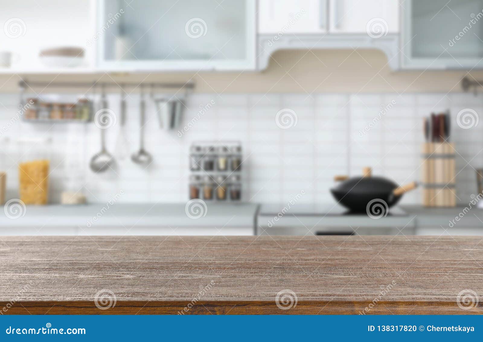 Empty Brown Wooden Table in Modern Kitchen. Stock Photo - Image of ...