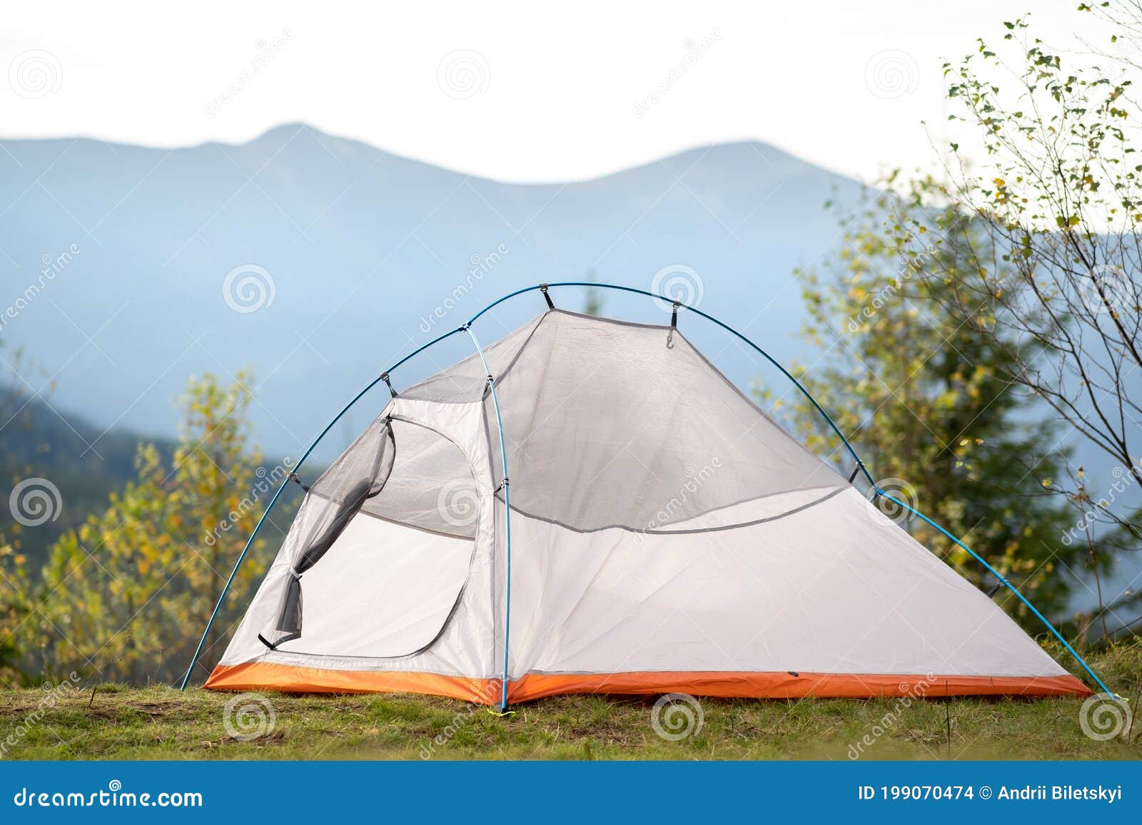Empty Camping Tent Standing on Campsite with View of Majestic High ...