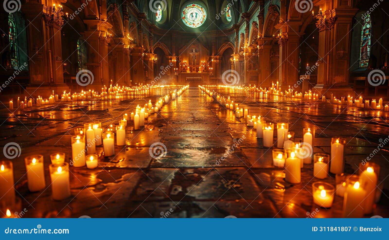 Empty, Candlelit Church Interior Representing Solemnity of Good Friday