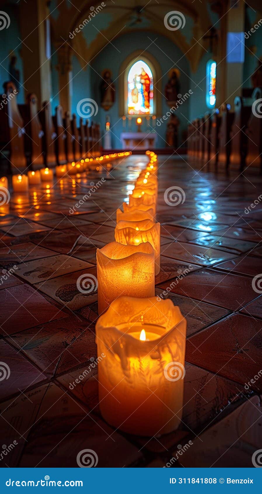 Empty, Candlelit Church Interior Representing Solemnity of Good Friday