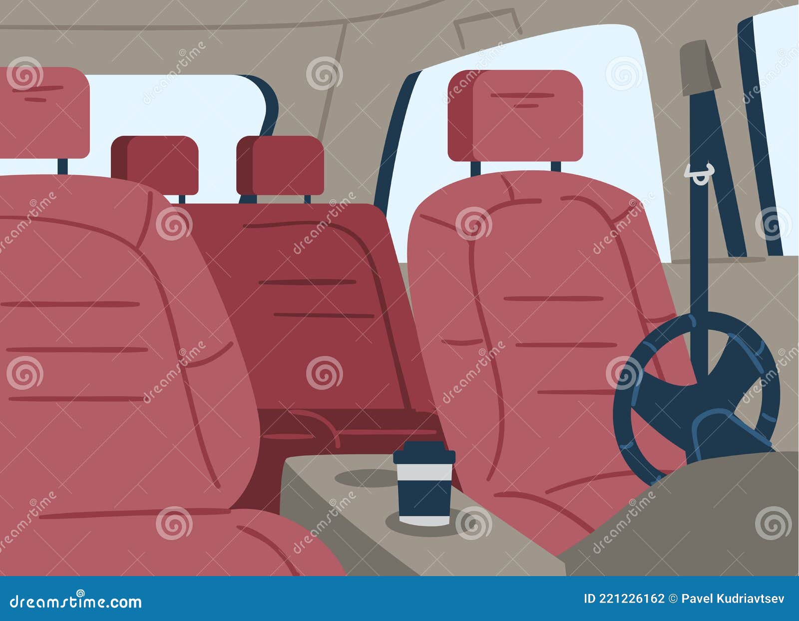 Empty Car Inside View from Windshield on Seats, Flat Vector