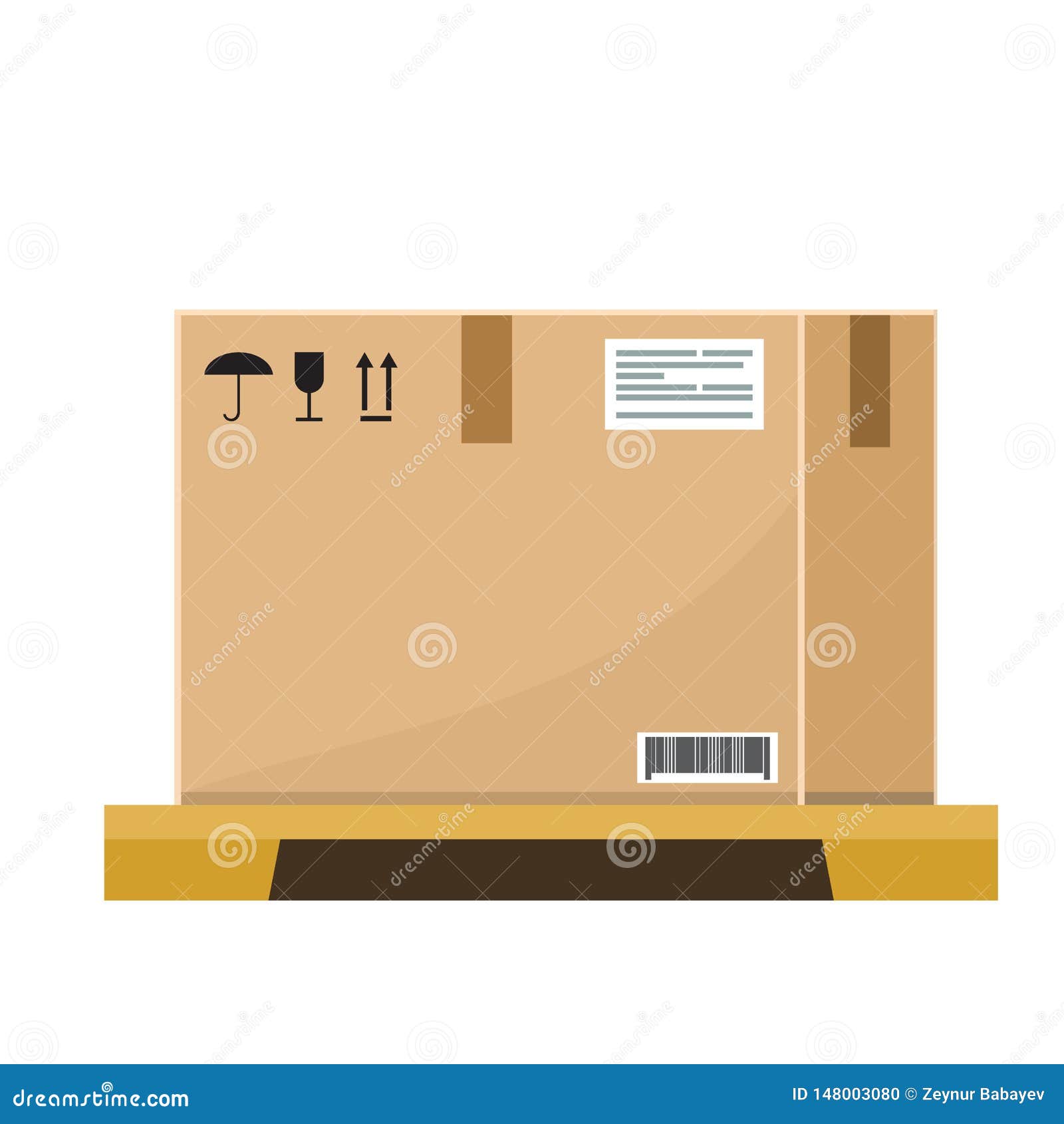 empty cardboard box on wooden pallet with flat and solid color style .