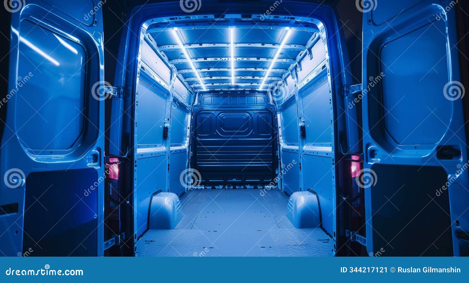 empty cargo van interior illuminated with futuristic blue led lighting, creating a sci-fi atmosphere with geometric