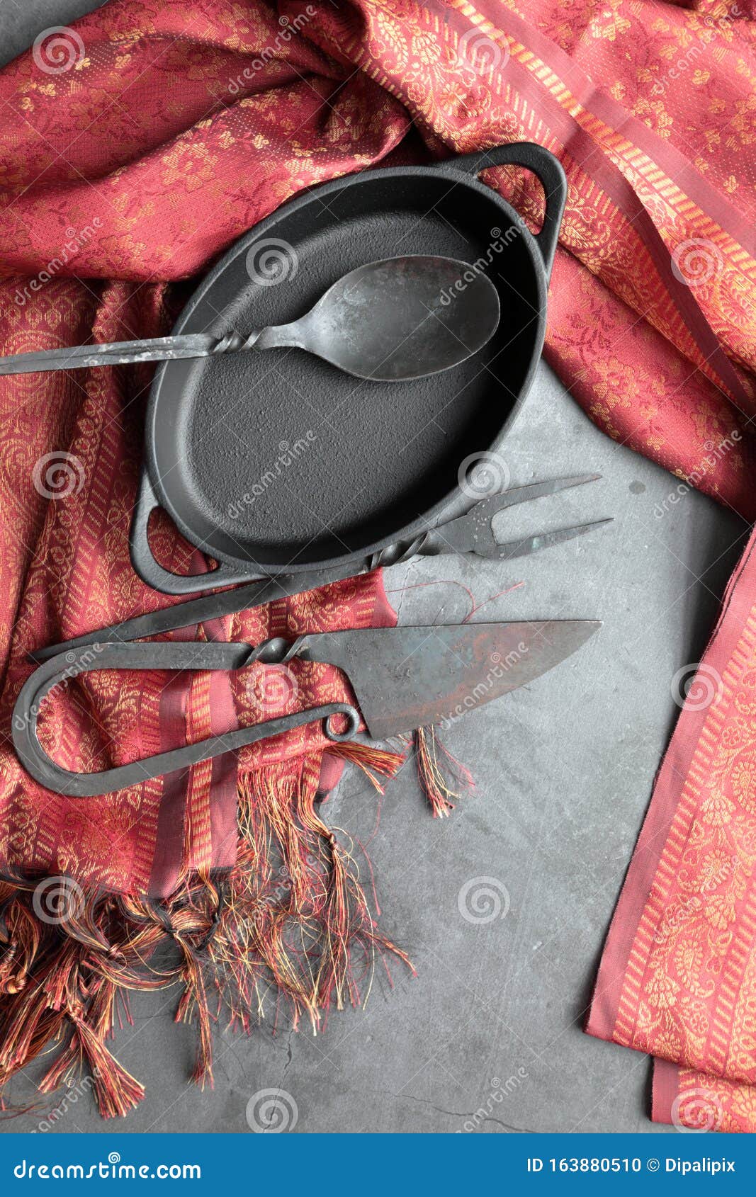 Empty Cast Iron Mini Pot with Napkin and Copy Space Stock Photo - Image ...