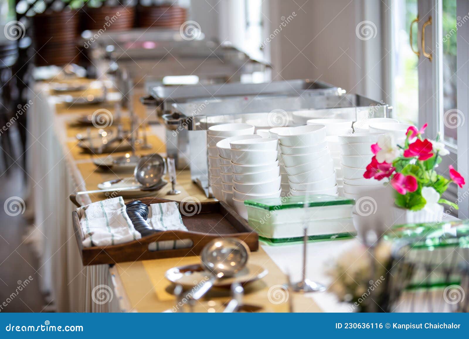 Empty Catering Plates, Platters and Trays Setup before Event. Equipment