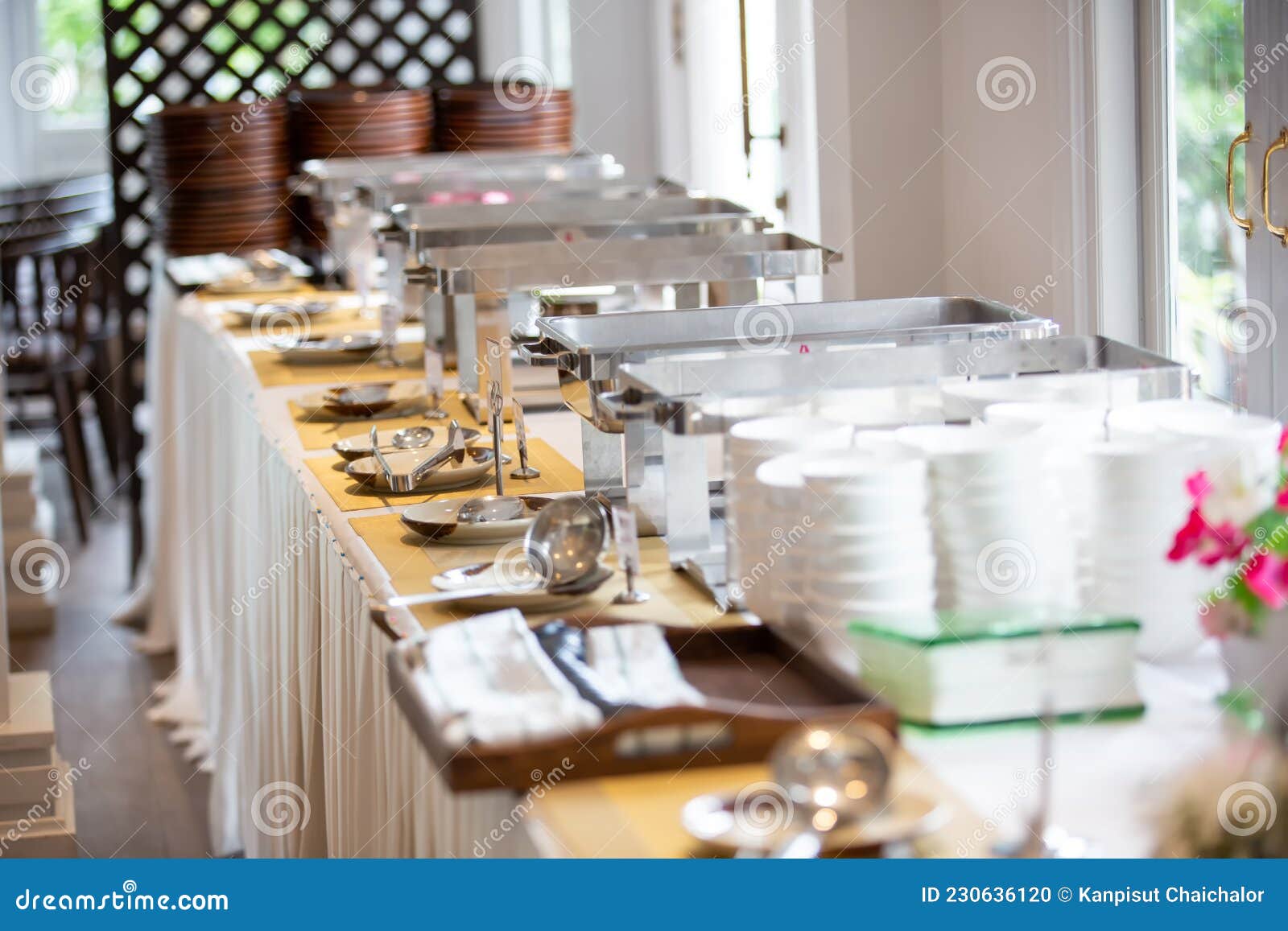 Empty Catering Plates, Platters and Trays Setup before Event. Equipment