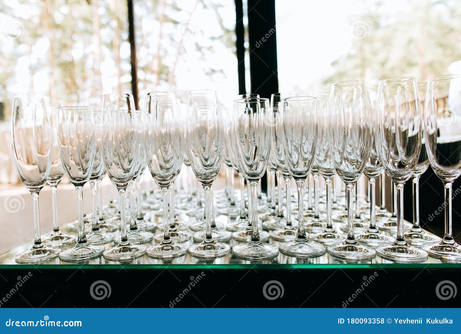 Empty Champagne Glasses Closeup, Wedding Reception Alcohol Drink Table