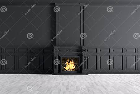 Empty Classic Interior of a Room with Fireplace Over Black Wall Stock ...