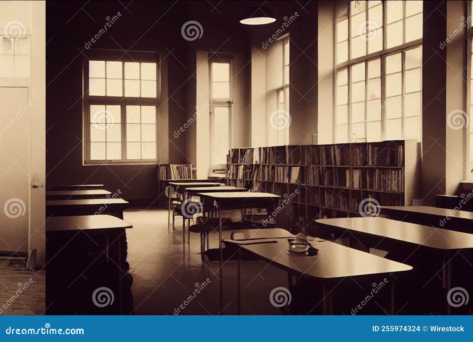 Empty Classroom with Bookshelves and Tables